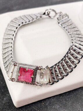 ANTIQUE Chrome bracelet with clear and dark pink rhinestones vintage 1920s 1930s
